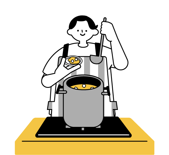 エプロンをつけて左手に小皿、右手におたまを持った男性（シンプル配色）