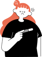 妊娠検査キットを片手に不攻めで落ち込んだ様子の女性（シンプル配色）