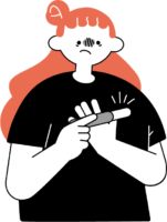 妊娠検査キットを片手に胸を押さえ血の気の引くような表情の女性のイラスト（シンプル配色）