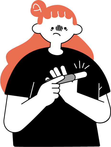 妊娠検査キットを片手に胸を押さえ血の気の引くような表情の女性のイラスト（シンプル配色）