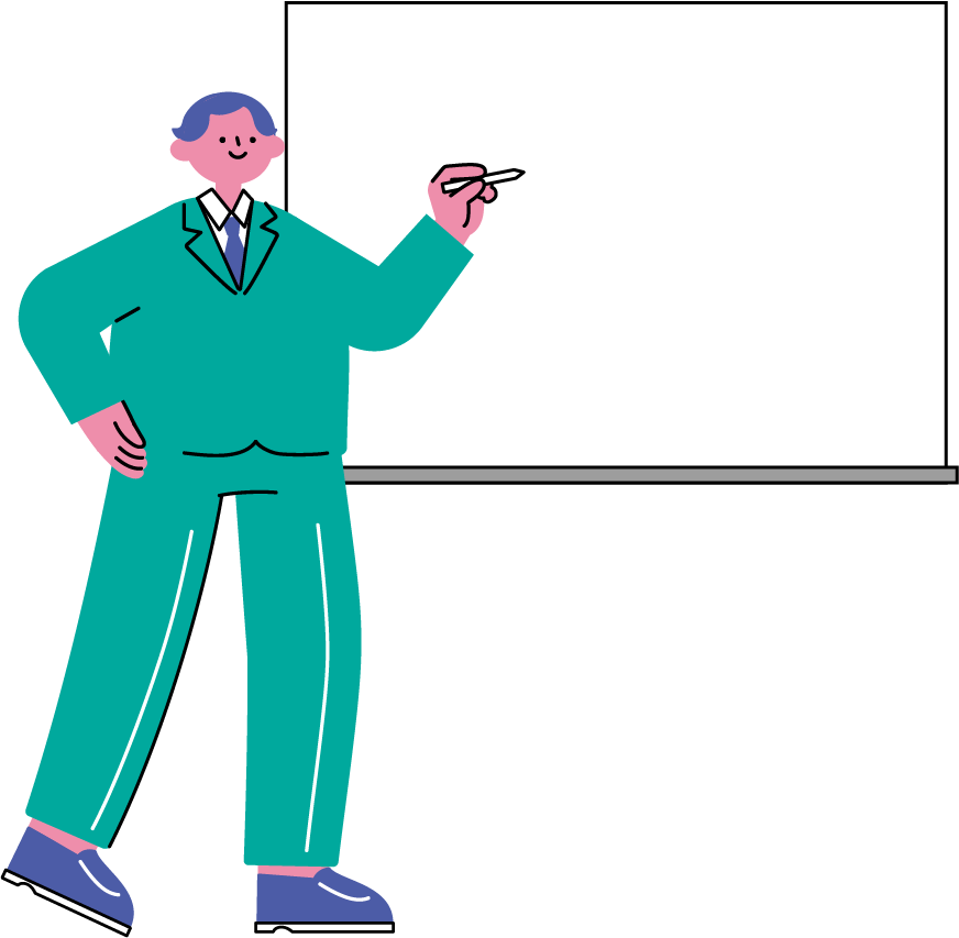 ホワイトボードで説明する男性（スーツ）
