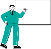 ホワイトボードマーカーを持ってホワイトボードに向かう男性（シンプル配色）