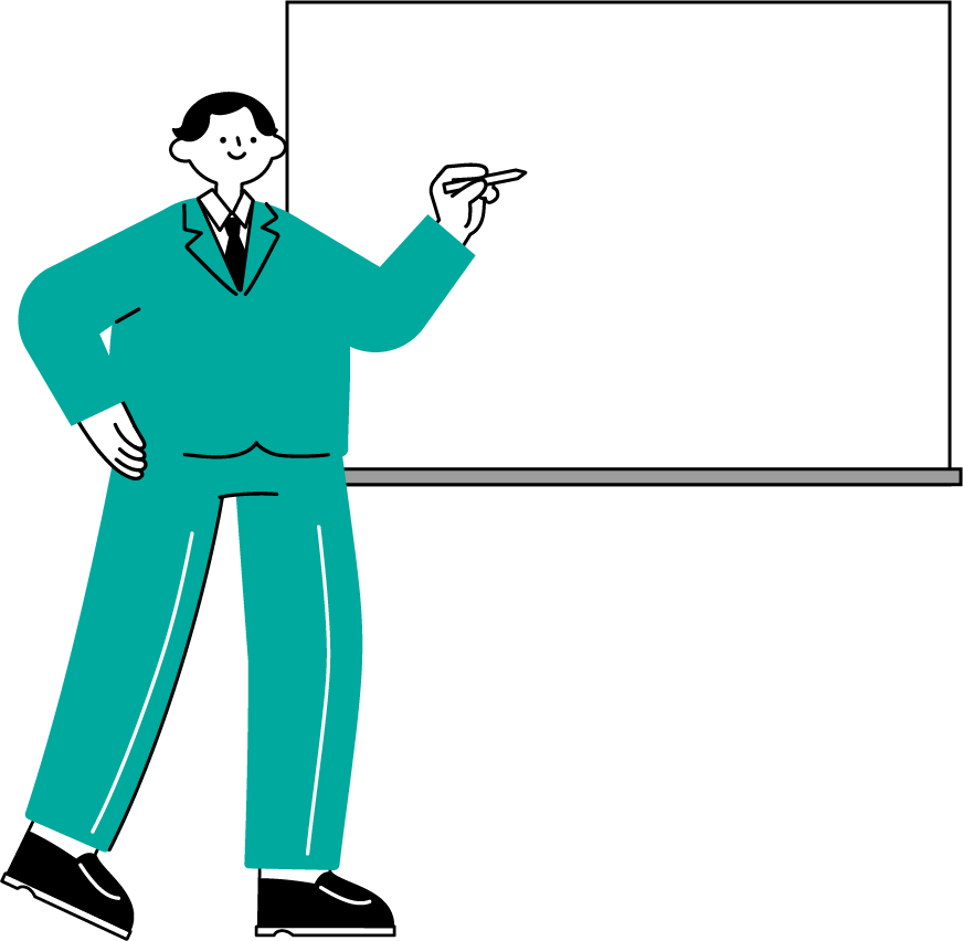ホワイトボードマーカーを持ってホワイトボードに向かう男性（シンプル配色）