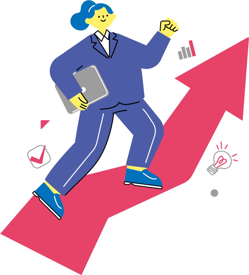 上昇する矢印の上をPCを片手に進む女性（カラフル配色）