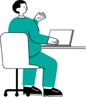 座席に座りパソコンを触りながら身振り手振りしてる男性（シンプル配色）