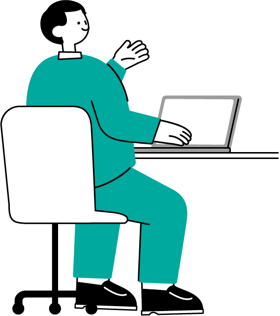 座席に座りパソコンを触りながら身振り手振りしてる男性（シンプル配色）