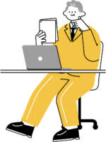 資料を見ながら考える男性のビジネスイラスト（シンプル配色）