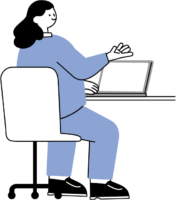 ノートパソコンを使いながら提案している女性のビジネスイラスト（シンプル配色）