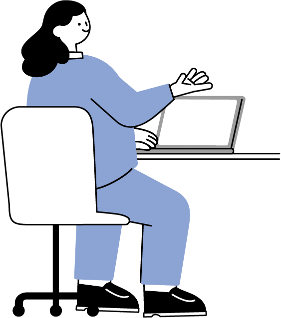 ノートパソコンを使いながら提案している女性のビジネスイラスト（シンプル配色）