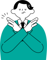 顰めっ面で両手をクロスしバツを示す男性（シンプル配色）