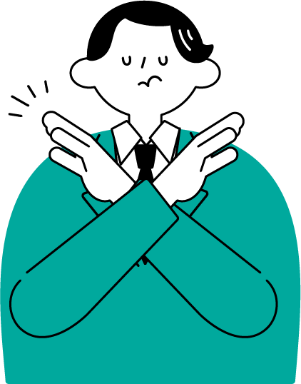 顰めっ面で両手をクロスしバツを示す男性（シンプル配色）