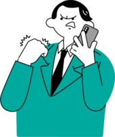 スマホで通話しながら電話相手に怒るスーツ姿の男性（シンプル配色）