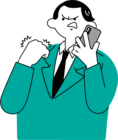 スマホで通話しながら電話相手に怒るスーツ姿の男性（シンプル配色）