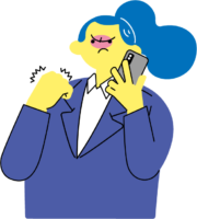 スマホで通話しながら電話相手に怒るスーツ姿の女性（カラフル配色）