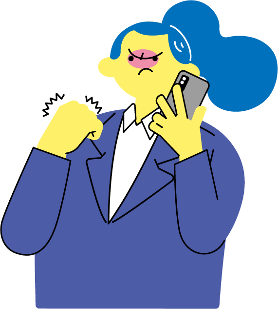 スマホで通話しながら電話相手に怒るスーツ姿の女性（カラフル配色）