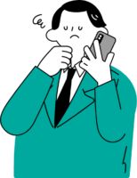 スマートフォンで電話をしながら困った表情をしている男性のイラスト（シンプル配色）