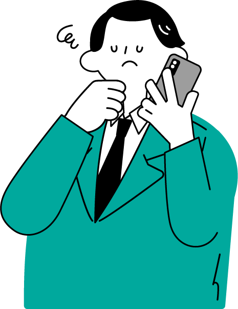 スマートフォンで電話をしながら困った表情をしている男性のイラスト（シンプル配色）