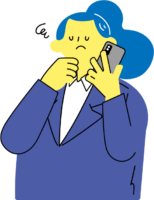 顎に手を置きスマホを耳に当て通話しながら困るスーツ姿の女性（シンプル配色）