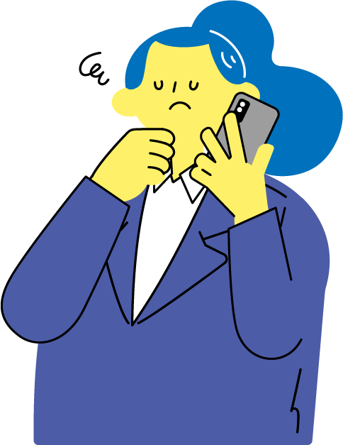 顎に手を置きスマホを耳に当て通話しながら困るスーツ姿の女性（シンプル配色）