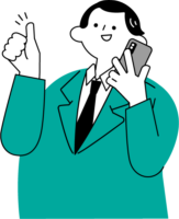 右手にスマホを耳に当てながら左手でOKサイン出す、男性（シンプル配色）