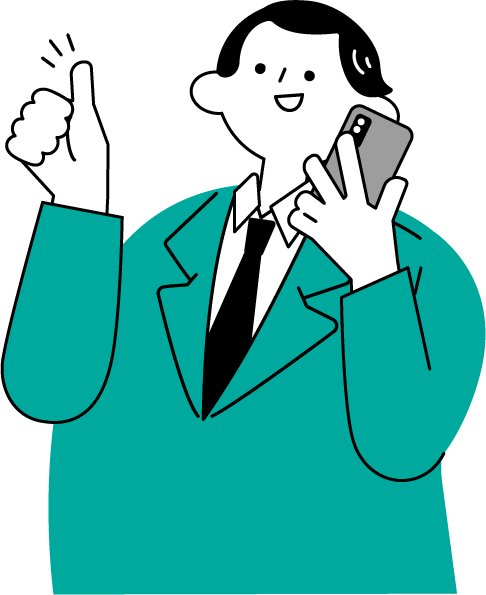 右手にスマホを耳に当てながら左手でOKサイン出す、男性（シンプル配色）