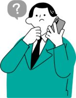 スマホで通話しながら疑問を感じるスーツ姿の男性のイラスト（シンプル配色）