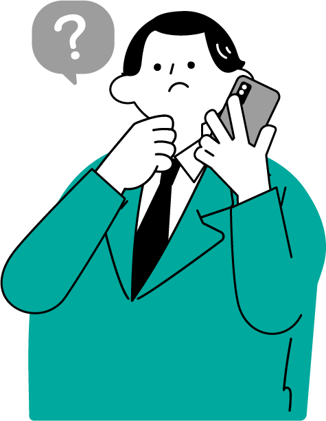 スマホで通話しながら疑問を感じるスーツ姿の男性のイラスト（シンプル配色）