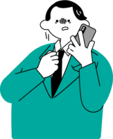 電話で上司に叱責されて萎縮するスーツ姿の男性（シンプル配色）