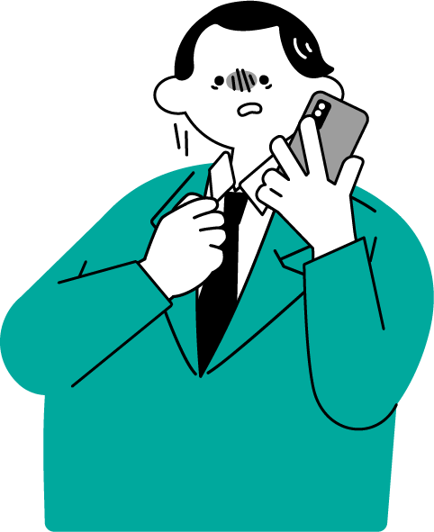 電話で上司に叱責されて萎縮するスーツ姿の男性（シンプル配色）