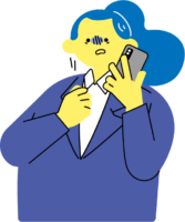 電話でクレームを受けて萎縮しているスーツ姿の女性（カラフル配色）