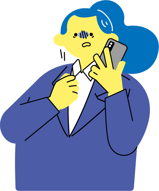 電話でクレームを受けて萎縮しているスーツ姿の女性（カラフル配色）