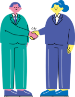 スーツ姿の男性と女性がビジネスシーンで握手をする人物のイラスト（カラフル配色）