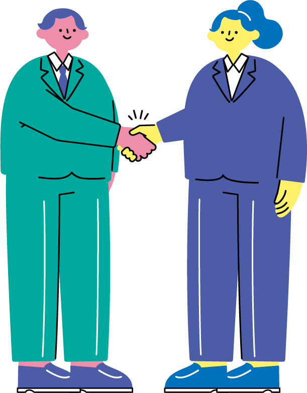 スーツ姿の男性と女性がビジネスシーンで握手をする人物のイラスト（カラフル配色）