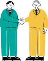 若い男性とベテランの男性と契約成立を表すビジネスの握手のイラスト（シンプル配色）