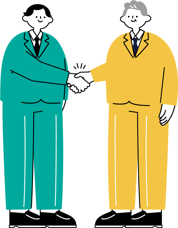 若い男性とベテランの男性と契約成立を表すビジネスの握手のイラスト（シンプル配色）