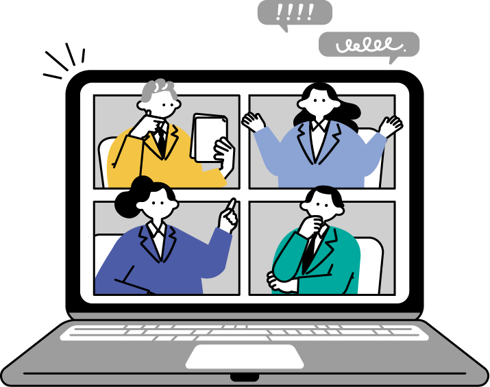 ４名のスーツを着た会社員のオンライン会議の画面が映るノートパソコンのイラスト（シンプル配色）