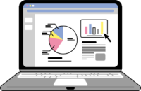 オンライン会議で資料やグラフを共有してる画面が映るノートパソコンのイラスト（シンプル配色）