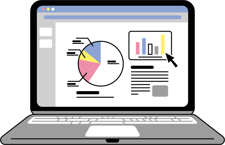 オンライン会議で資料やグラフを共有してる画面が映るノートパソコンのイラスト（シンプル配色）