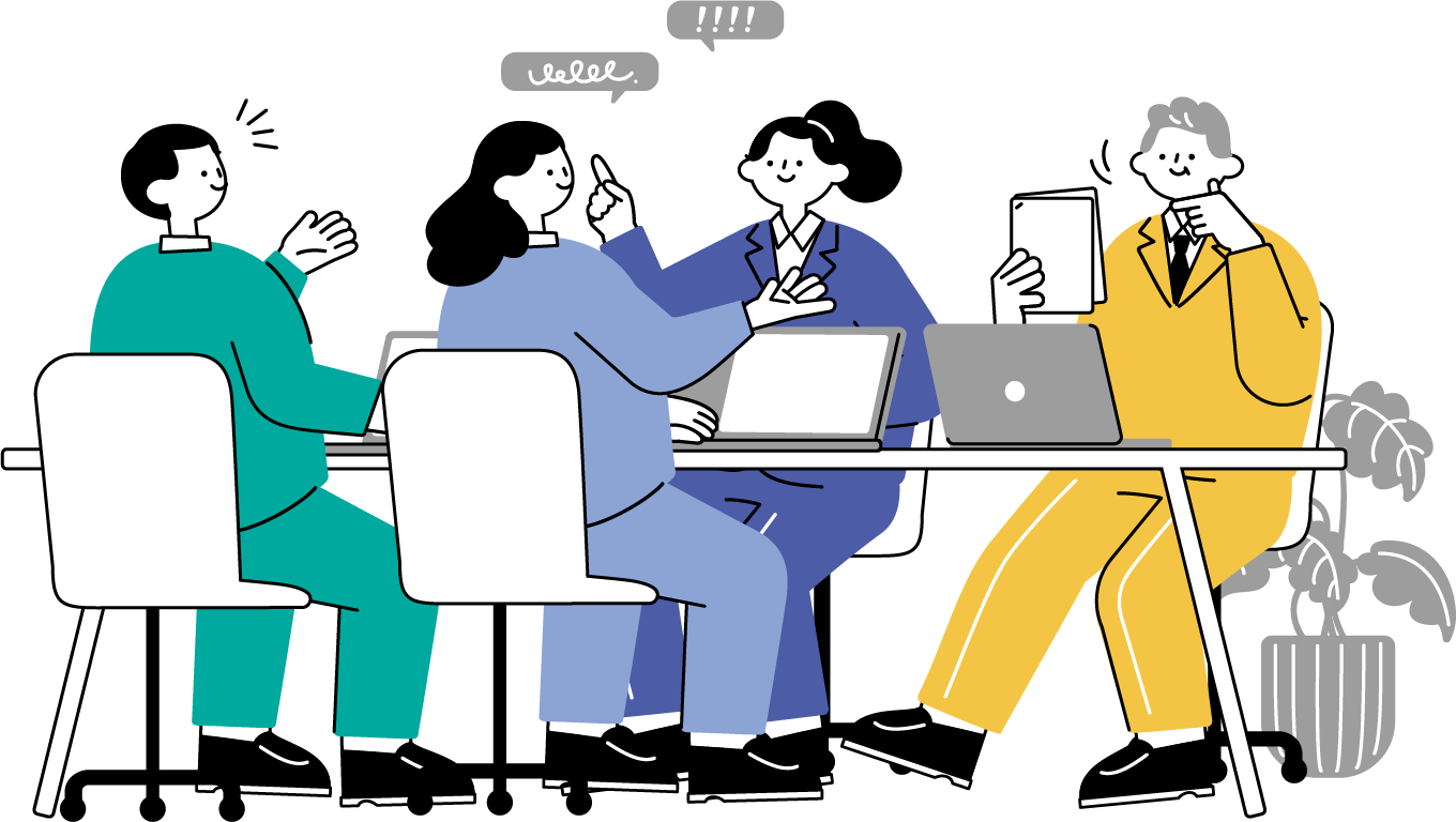 会議でチームメンバーにプレゼンをしているビジネスシーン（シンプル配色）