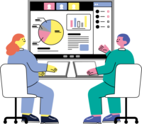 オンライン会議で資料やグラフを共有して説明する人のイラスト（カラフル配色）