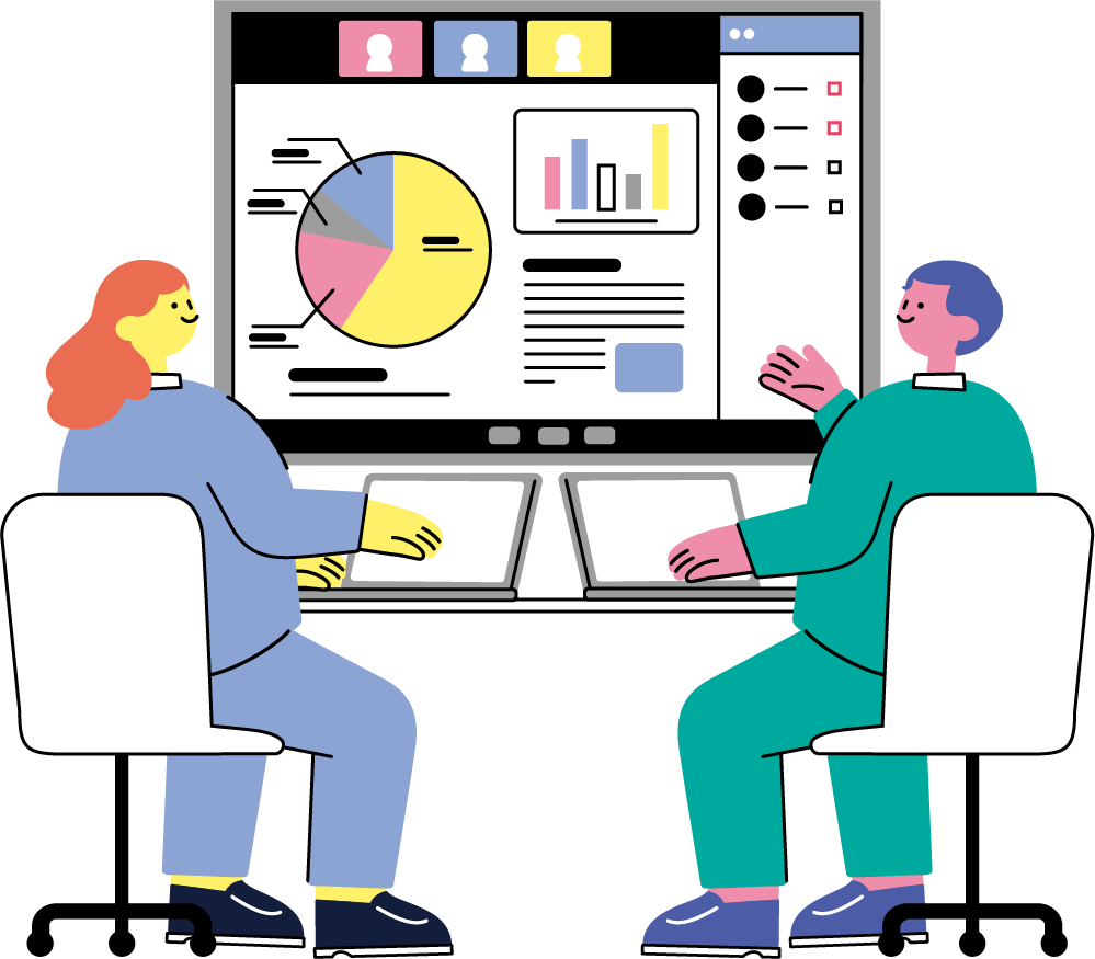 オンライン会議で資料やグラフを共有して説明する人のイラスト（カラフル配色）