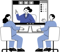 ビデオ通話でオンライン会議をしているビジネスシーンのイラスト(シンプル配色)