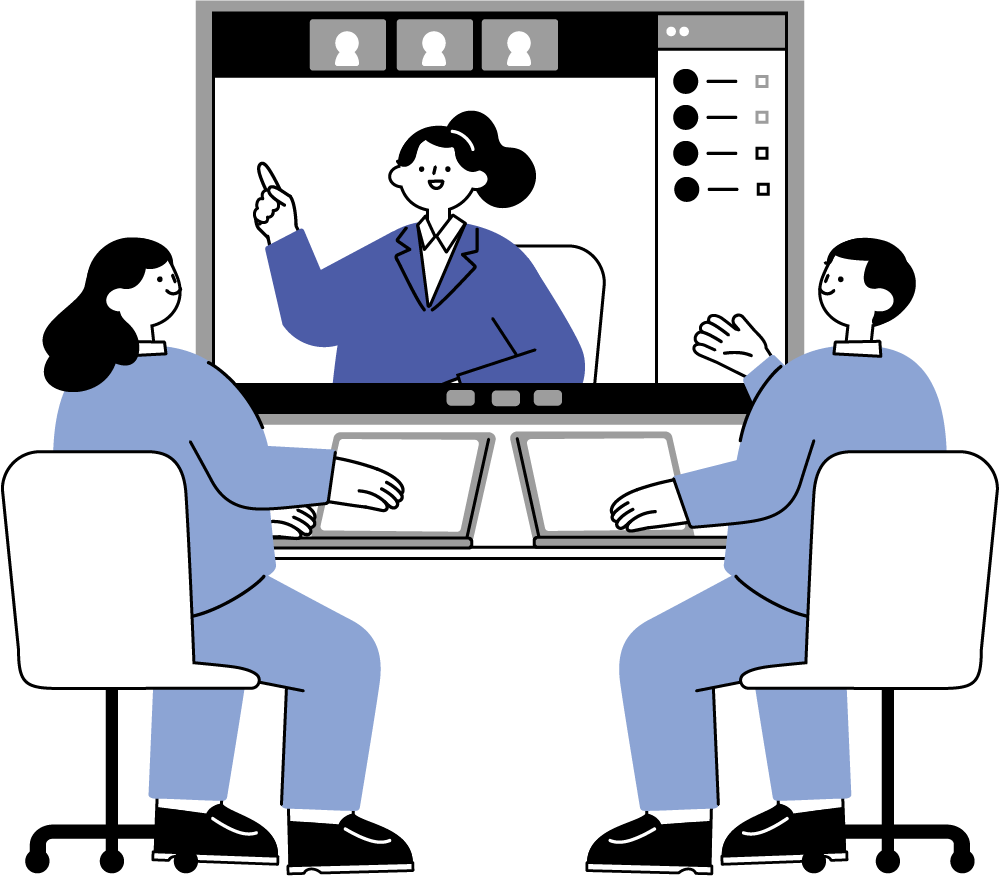 ビデオ通話でオンライン会議をしているビジネスシーンのイラスト(シンプル配色)