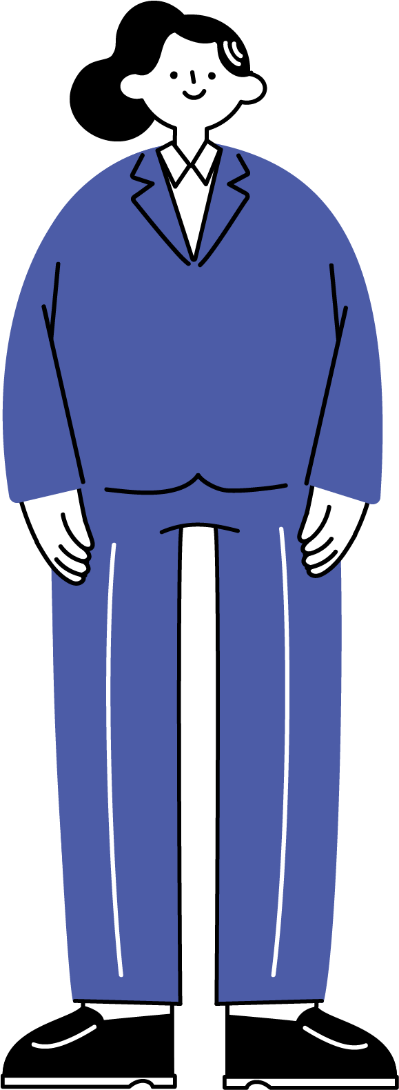 スーツ姿で立っている女性会社員の全身イラスト（シンプル配色）
