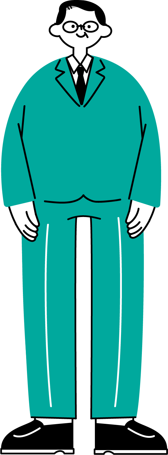 スーツ姿で立っている40代〜50代の男性会社員の全身イラスト（シンプル配色）