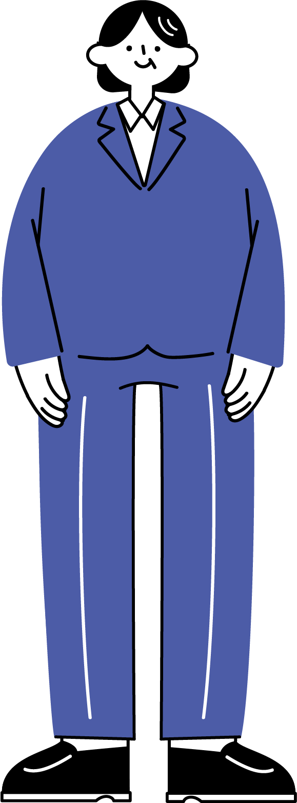 スーツ姿で立っている40代〜50代の女性会社員の全身イラスト（シンプル配色）