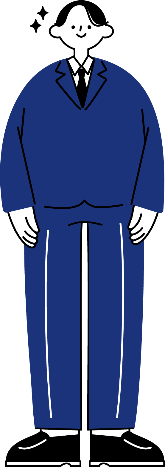 スーツ姿で立っている新入社員男性の全身イラスト（シンプル配色）