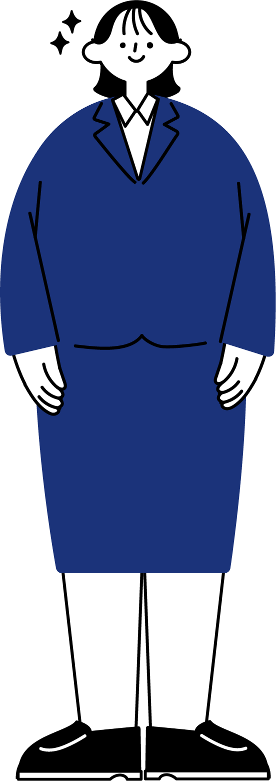スーツ姿で立っている新入社員女性の全身イラスト（シンプル配色）