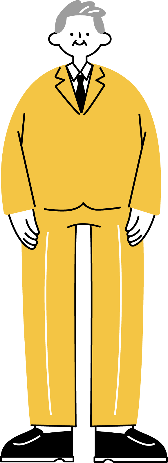 スーツ姿で立っているシニア男性の全身イラスト（シンプル配色）