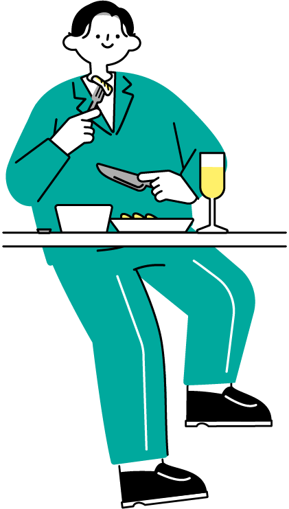 テーブルで食事をする男性のイラスト（シンプル配色）